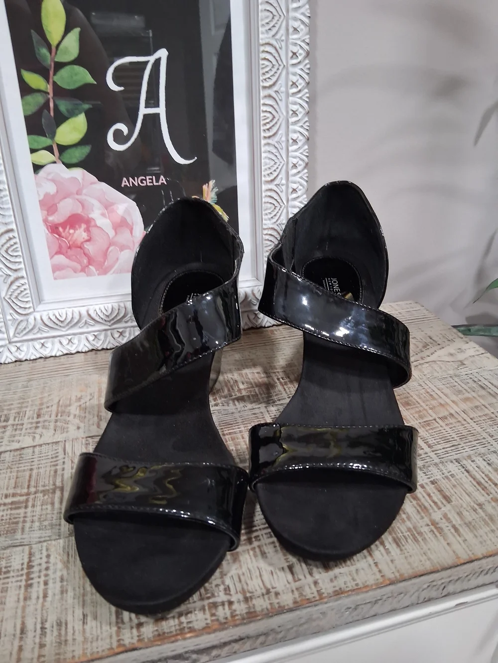 Jones New York Black Patent Wedge Sandals